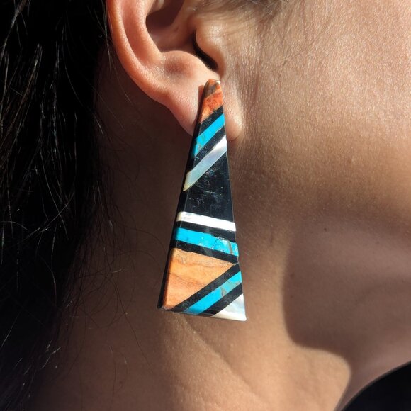 Native American Mosaic Dangle Earrings Handmade Inlay Jewelry Museum Quality** - Picture 1 of 10